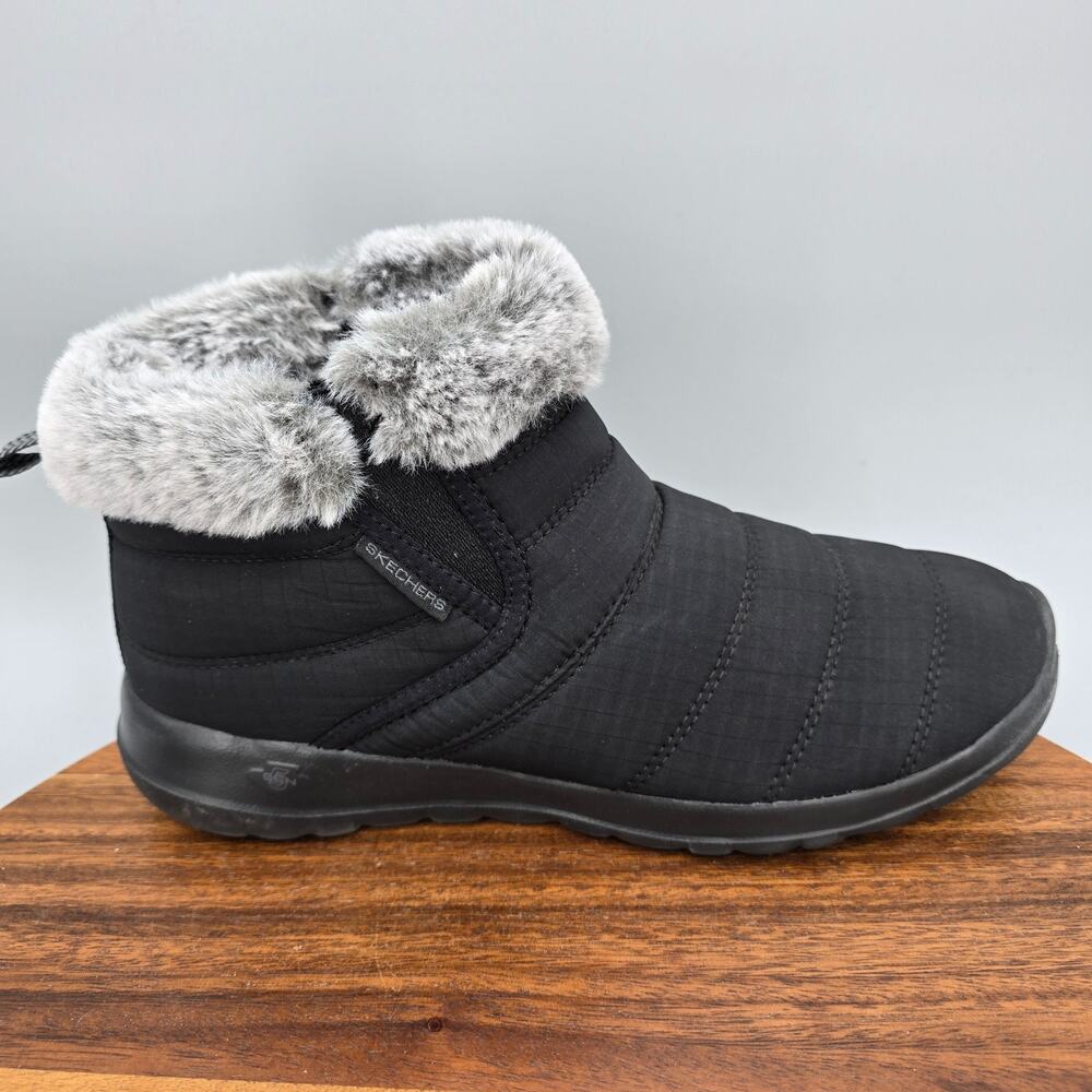 Skechers Boots Womens 9 Black Gray Faux Fur On The Go Comfort Ankle Booties